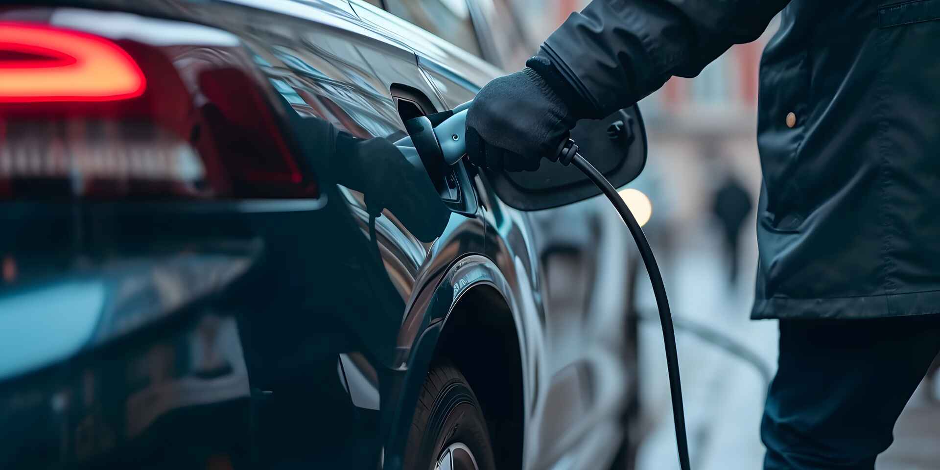 Person wearing gloves charging an electric vehicle with a close-up of the charging port and cable.