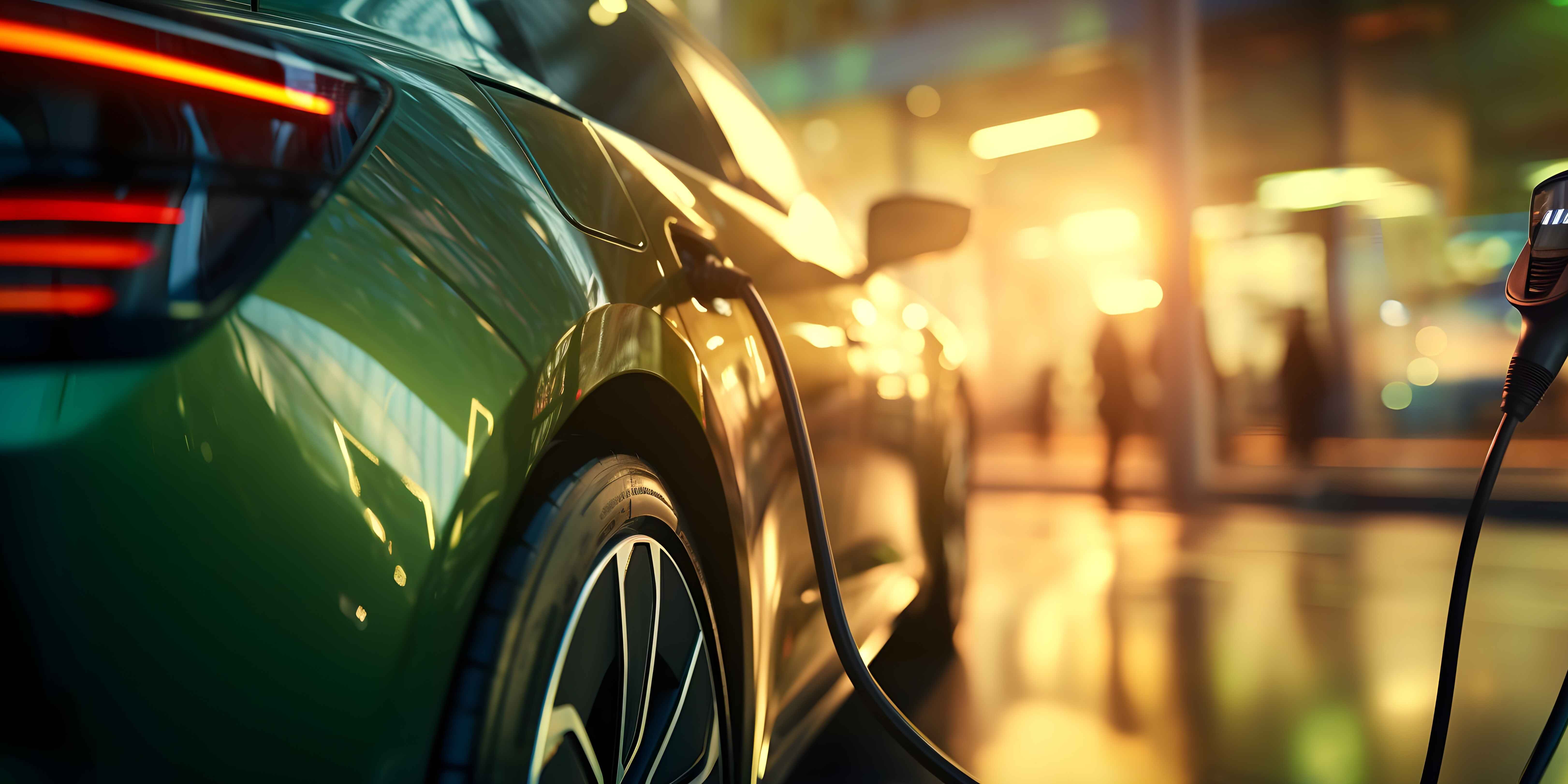 The image shows a close-up view of an electric vehicle charging, with the car connected to a charging station. The scene is illuminated by warm, ambient lighting, reflecting a modern, eco-friendly setting.